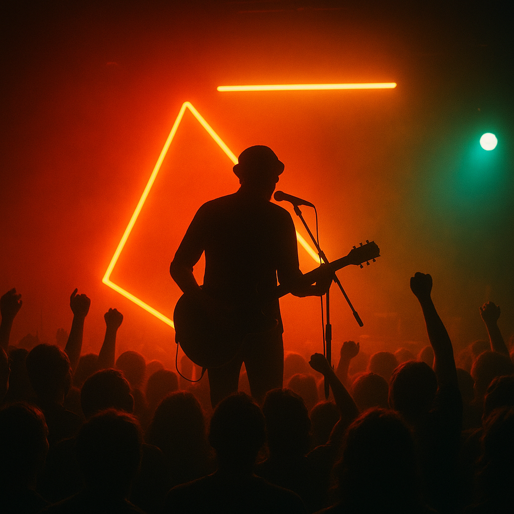 Stage lighting, close crowd, live performer