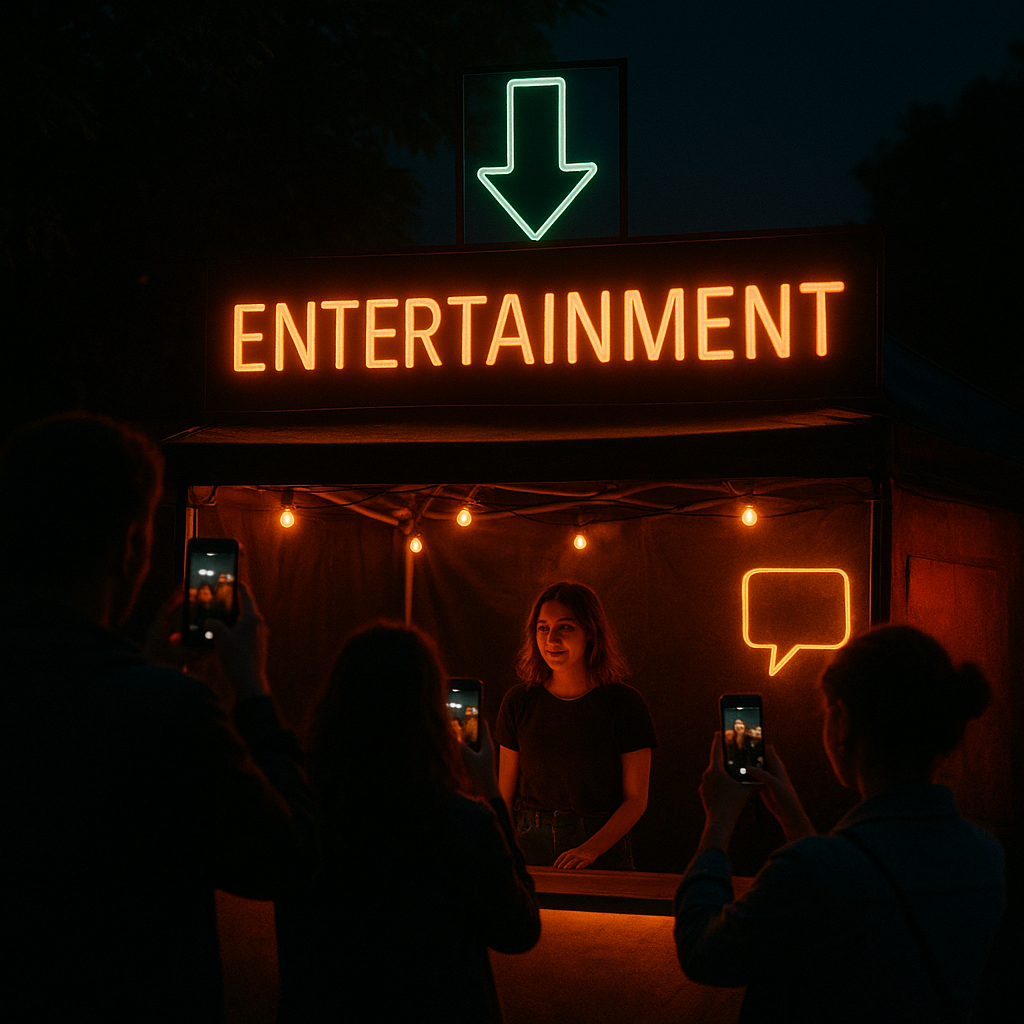 Crowd with neon lights and performer silhouette